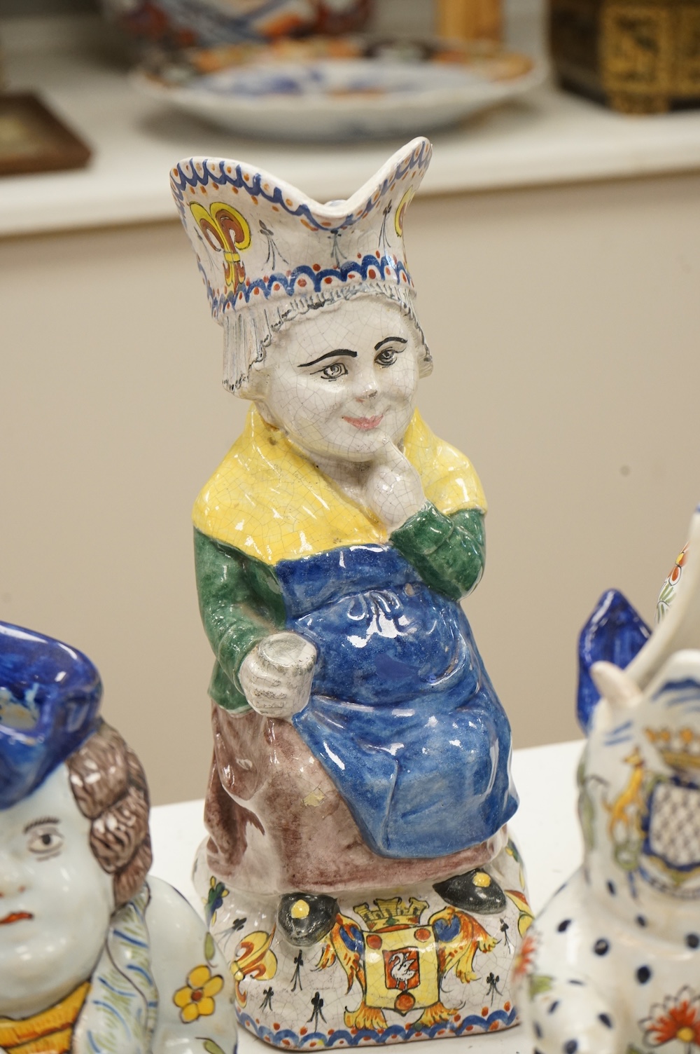 A group of five pieces of French tin glazed pottery, tallest 32cm